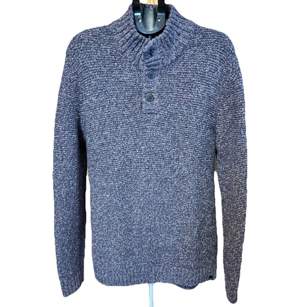 Fat Face Mens L Purple‎ Blue Cable Chunky Knit Sweater 1/4 Button Grandpacore